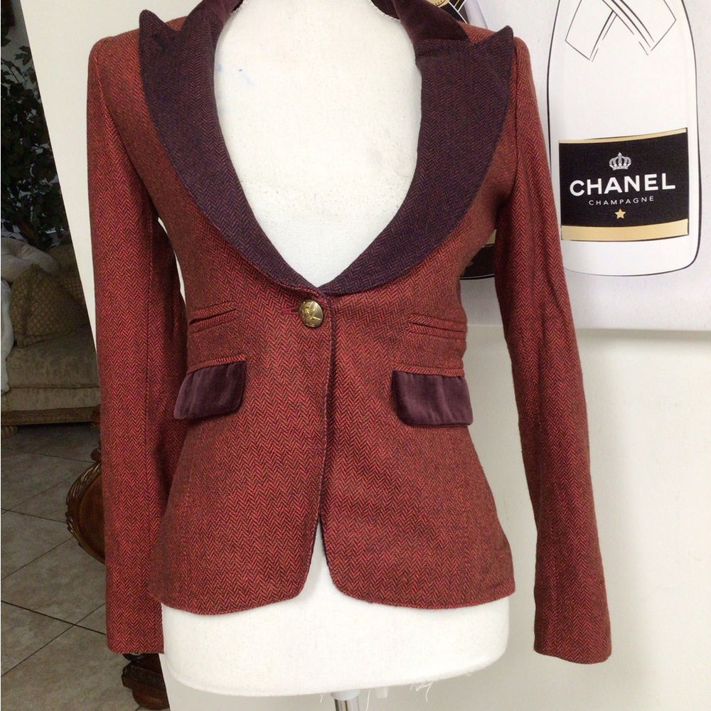 Smythe Velvet Trimmed Peak Lapeled Herringbone Blazer - Picture 9 of 16